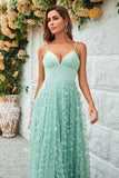 Green A-Line Spaghetti Straps Satin Floor Length Dress For Wedding Party