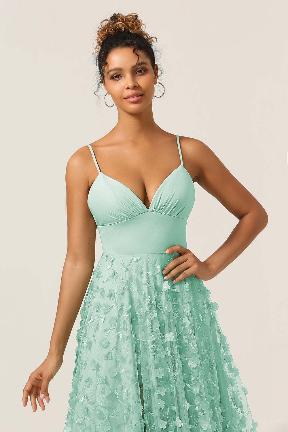 Green A-Line Spaghetti Straps Satin Long Bridesmaid Dress