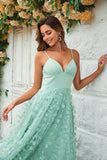Green A-Line Spaghetti Straps Satin Floor Length Dress For Wedding Party