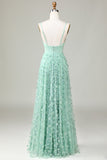 Green A-Line Spaghetti Straps Satin Floor Length Dress For Wedding Party