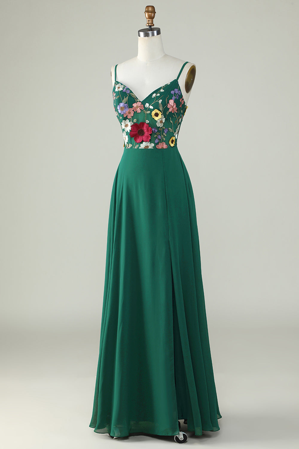 Dark Green A-Line Spaghetti Straps Floor-Length Dress with 3D Flowers