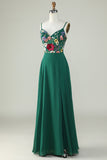 Dark Green A-Line Spaghetti Straps Floor-Length Dress with 3D Flowers