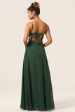 Dark Green A-Line Spaghetti Straps Chiffon Bridesmaid Dress with 3D Flowers