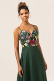 Dark Green A-Line Spaghetti Straps Chiffon Bridesmaid Dress with 3D Flowers