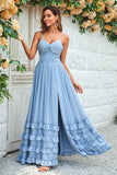 Dusty Blue Spaghetti Straps Corset Long Prom Dress With Criss Cross Back