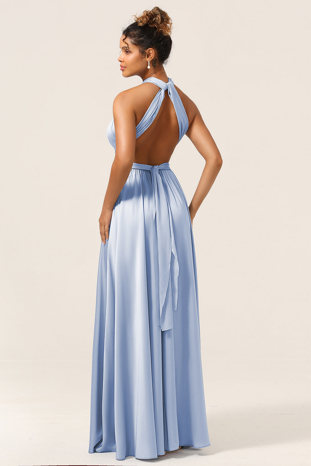 Dusty Blue A-Line Convertible Floor Length Satin Bridesmaid Dress