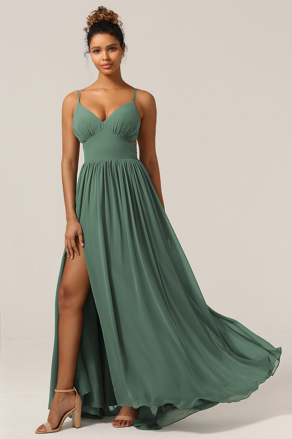Eucalyptus A-Line Spaghetti Straps Floor Length Chiffon Bridesmaid Dress with Slit