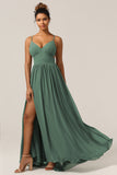 Eucalyptus A-Line Spaghetti Straps Floor Length Chiffon Bridesmaid Dress with Slit
