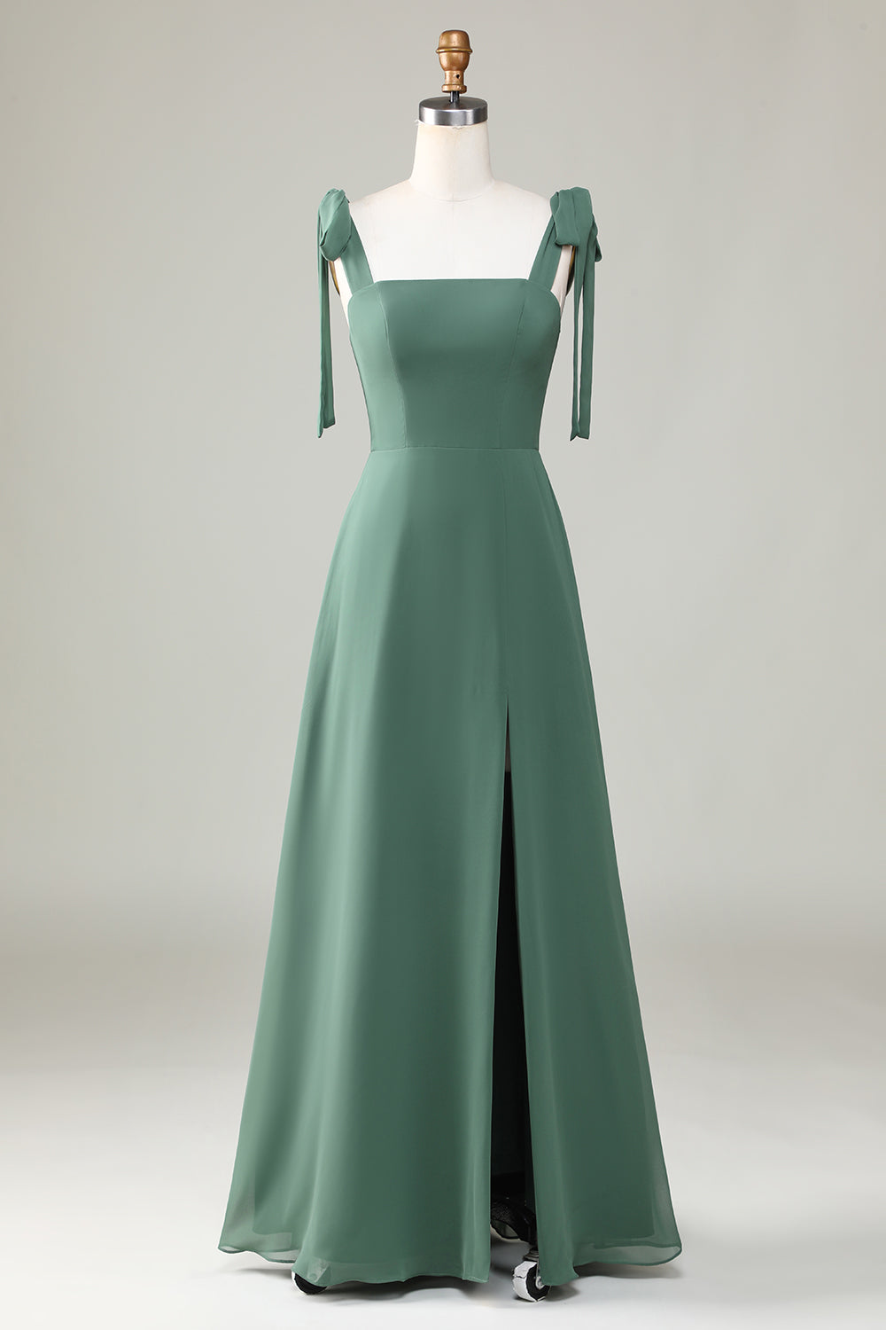 Eucalyptus A-Line Spaghetti Straps Floor Length Bridesmaid Dress with Slit
