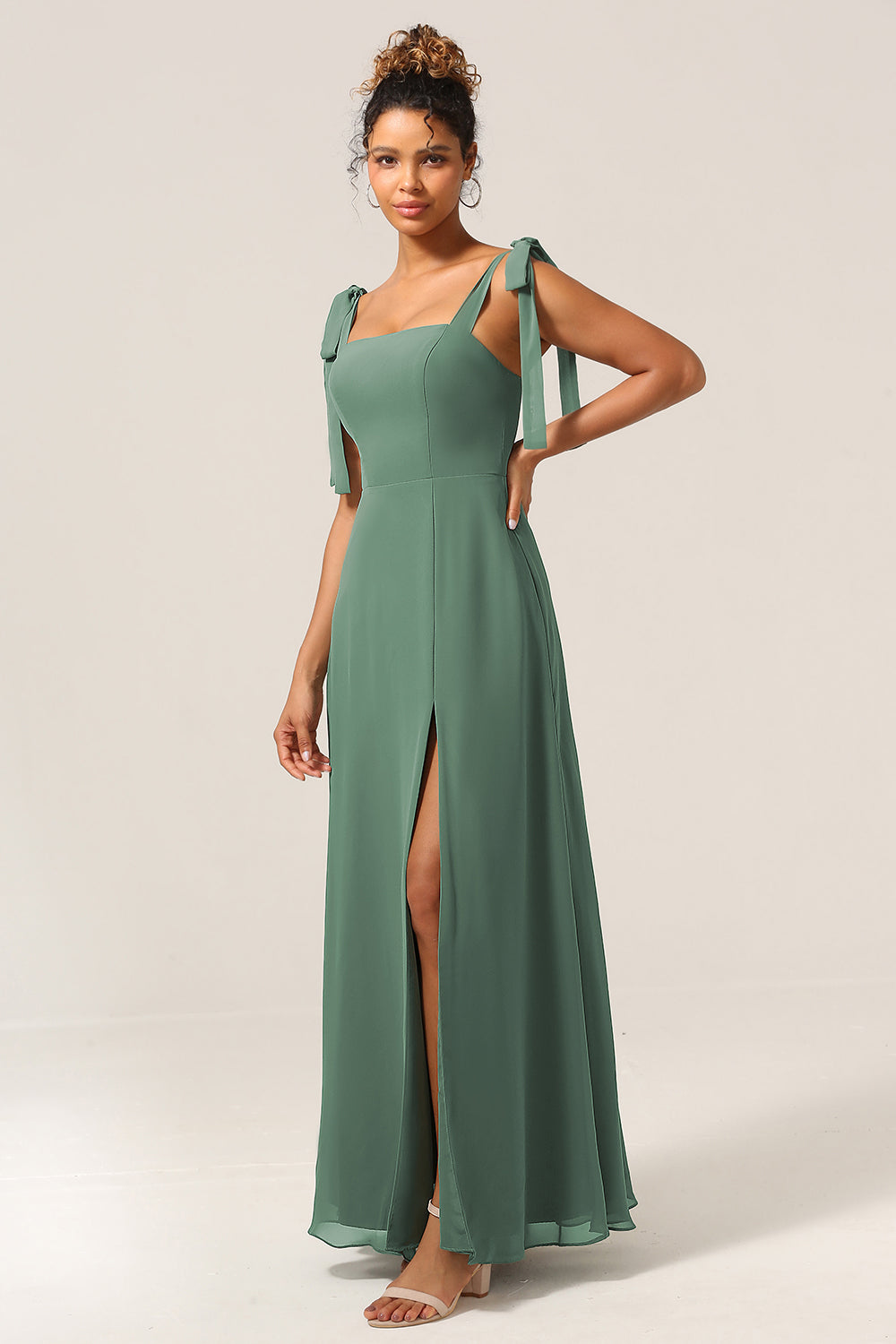 Eucalyptus A-Line Spaghetti Straps Floor Length Bridesmaid Dress with Slit