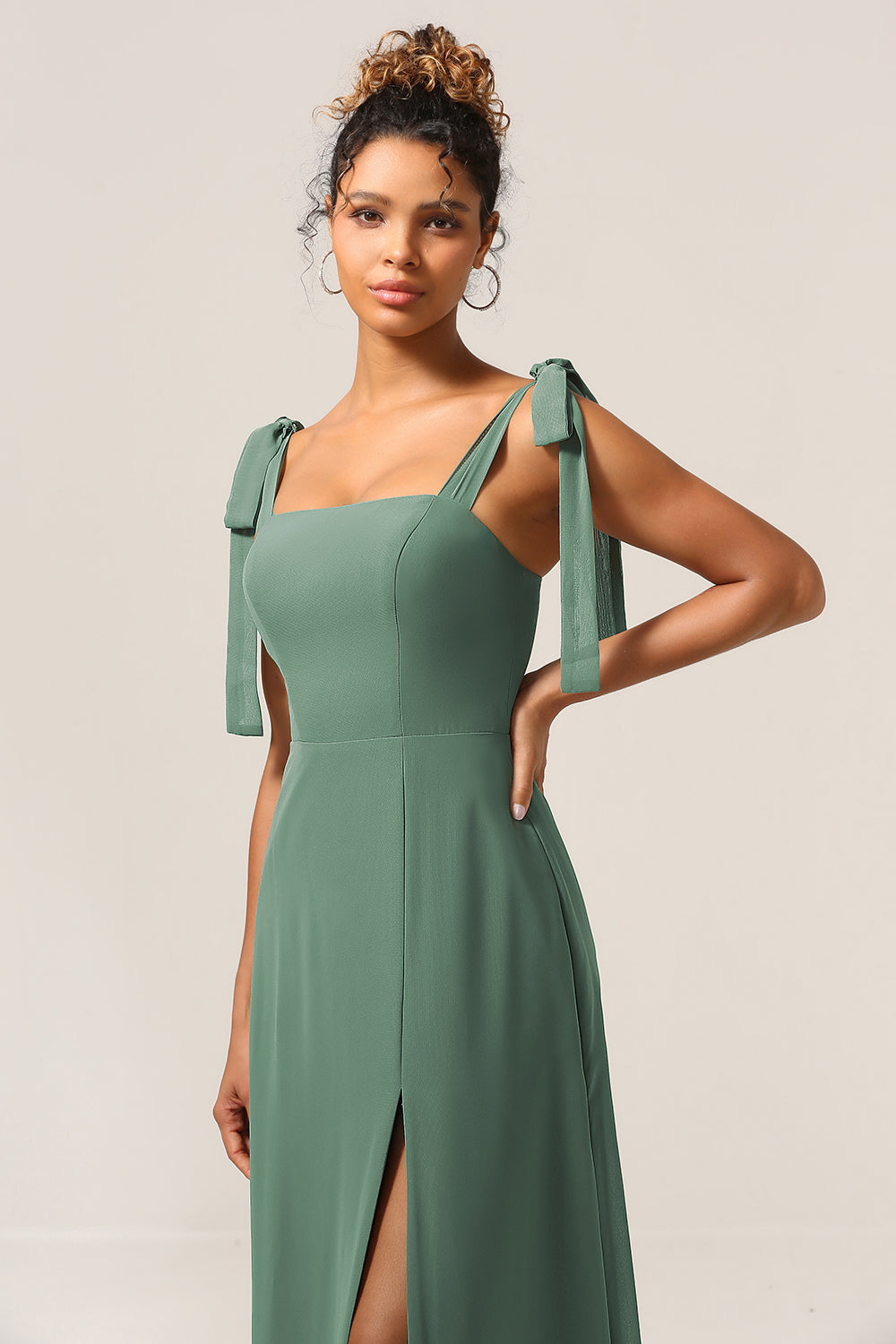 Eucalyptus A-Line Spaghetti Straps Floor Length Bridesmaid Dress with Slit
