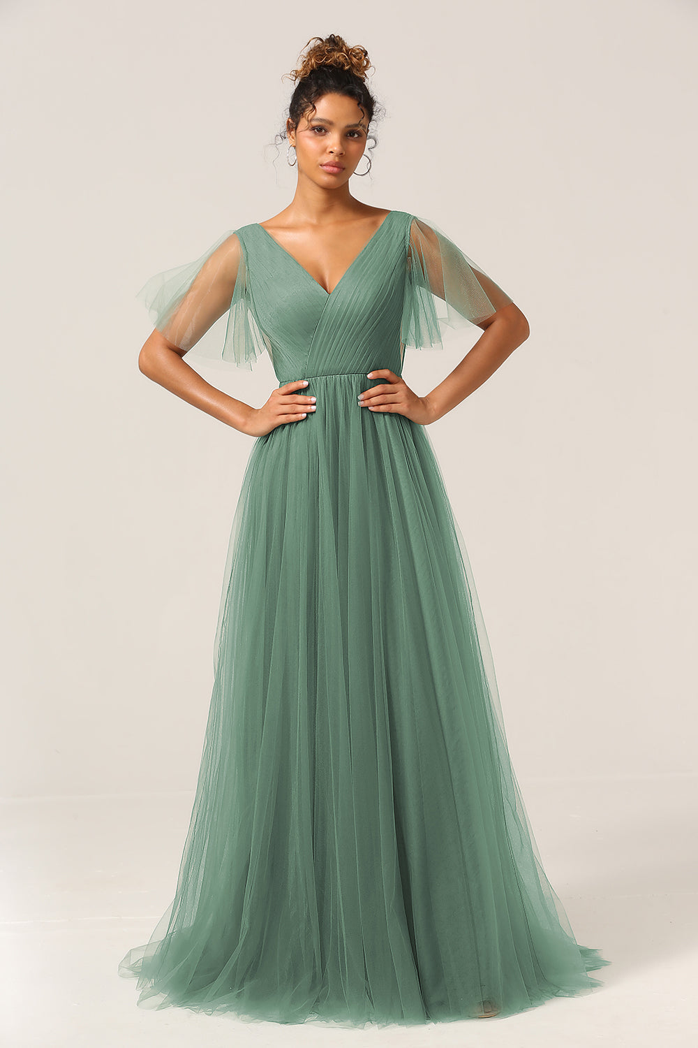 Eucalyptus A Line V Neck Floor Length Tulle Bridesmaid Dress