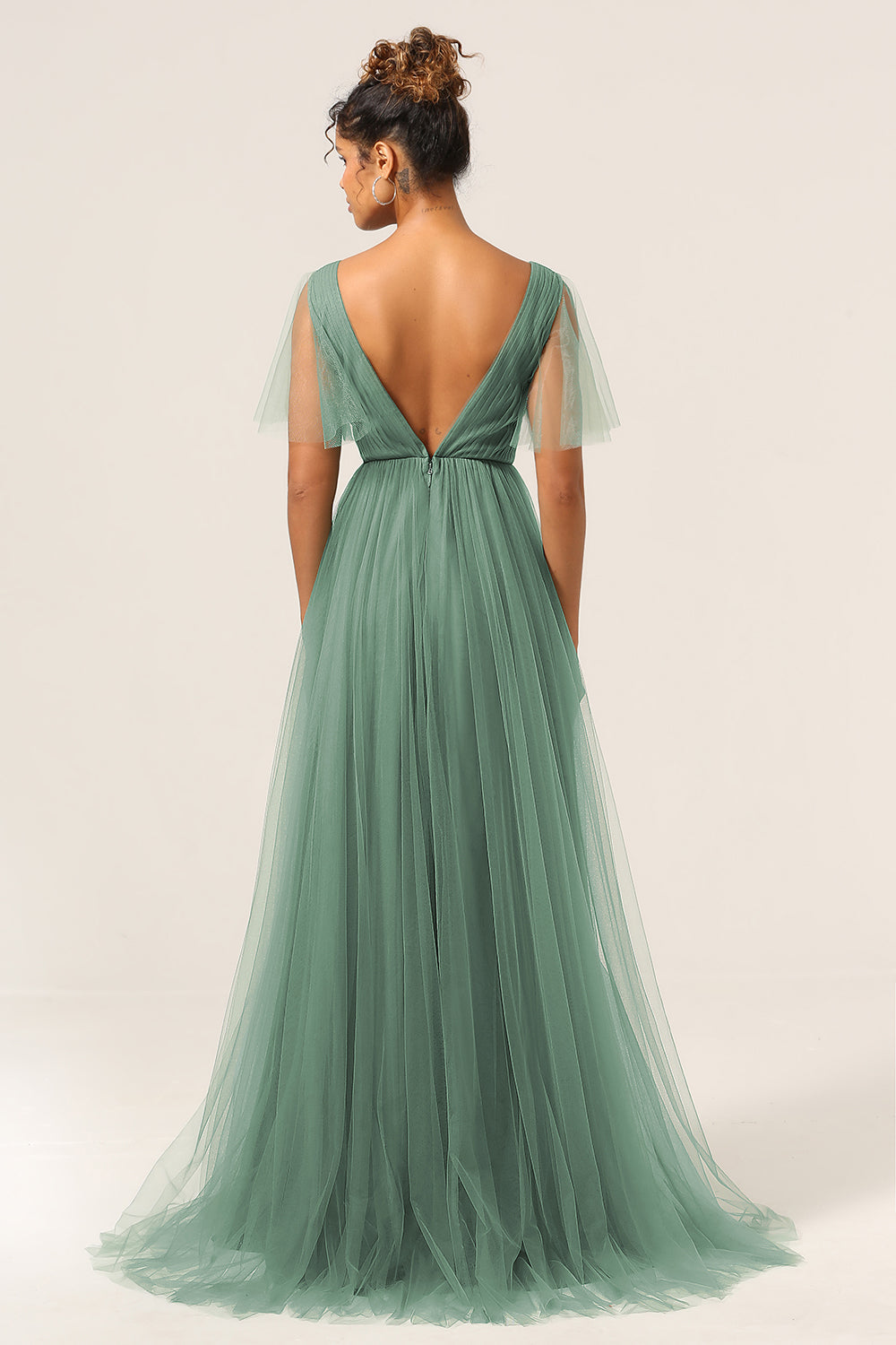 Eucalyptus A Line V Neck Floor Length Tulle Bridesmaid Dress