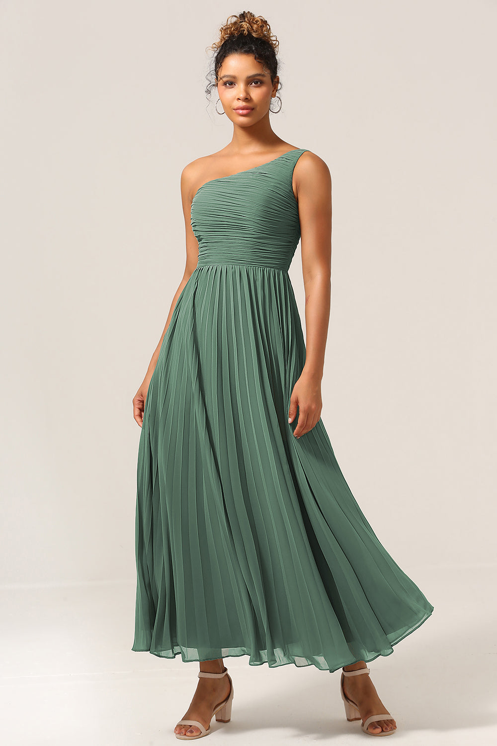 Eucalyptus A Line One Shoulder Ruched Chiffon Bridesmaid Dress