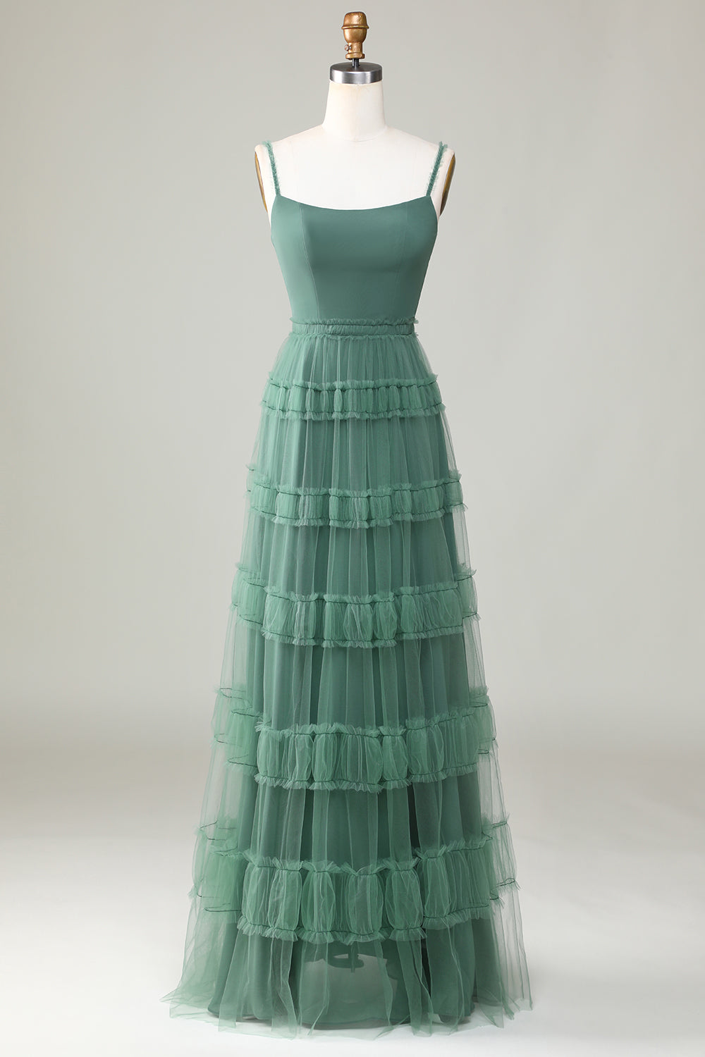 Eucalyptus A Line Spaghetti Straps Tiered Tulle Bridesmaid Dress