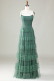 Eucalyptus A Line Spaghetti Straps Tiered Tulle Bridesmaid Dress
