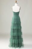 Eucalyptus A Line Spaghetti Straps Tiered Tulle Bridesmaid Dress