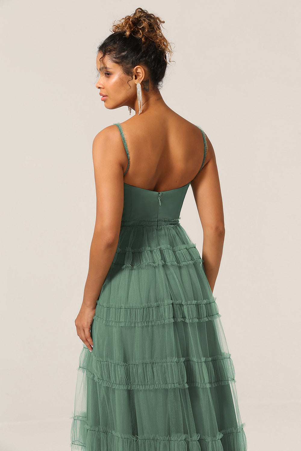Eucalyptus A Line Spaghetti Straps Tiered Tulle Bridesmaid Dress