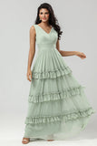 Dusty Sage A Line V-Neck Long Knitted Chiffon Bridesmaid Dress With Ruffles