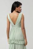 Dusty Sage A Line V-Neck Long Knitted Chiffon Bridesmaid Dress With Ruffles