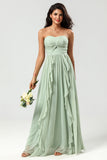 Dusty Sage A Line Sweetheart Long Knitted Chiffon Bridesmaid Dress with Ruffles