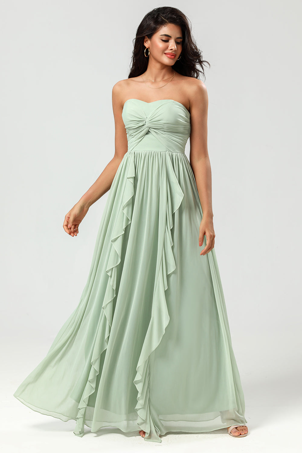 Dusty Sage A Line Sweetheart Long Knitted Chiffon Bridesmaid Dress with Ruffles