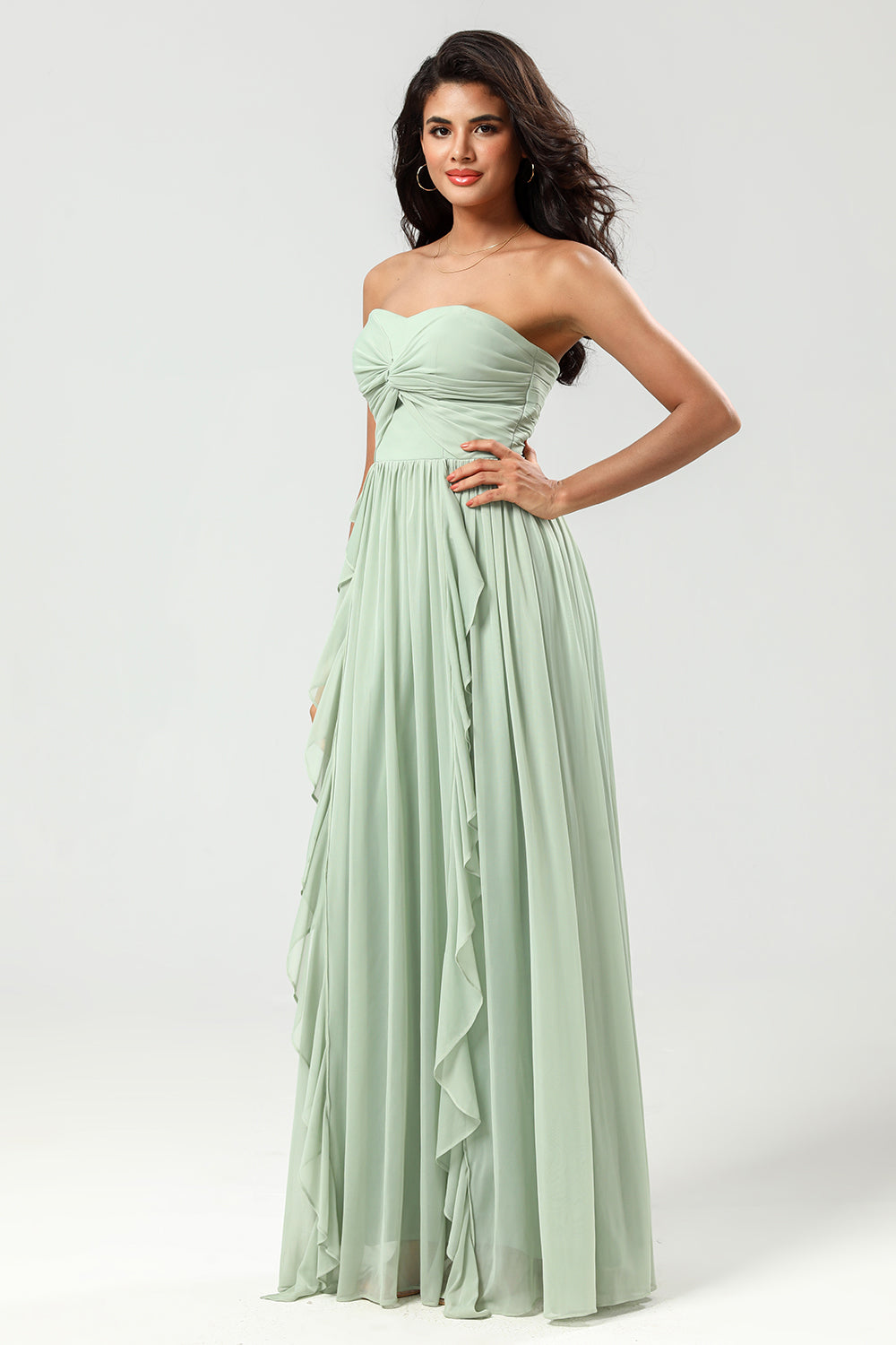 Dusty Sage A Line Sweetheart Long Knitted Chiffon Bridesmaid Dress with Ruffles