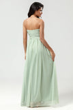 Dusty Sage A Line Sweetheart Long Knitted Chiffon Bridesmaid Dress with Ruffles