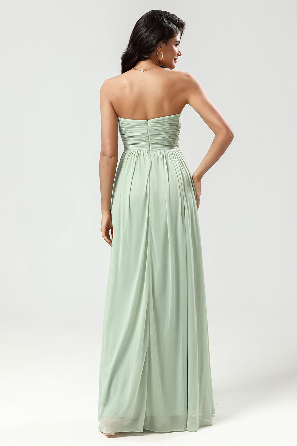 Dusty Sage A Line Sweetheart Long Knitted Chiffon Bridesmaid Dress with Ruffles