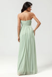 Dusty Sage A Line Sweetheart Long Knitted Chiffon Bridesmaid Dress with Ruffles