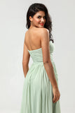 Dusty Sage A Line Sweetheart Long Knitted Chiffon Bridesmaid Dress with Ruffles