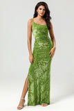 Sheath One Shoulder Floor-Length Printed Velvet Bridesmaid Dress with Slit