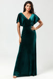 Velvet V-Neck Peacock Bridesmaid Dress with Ruffles