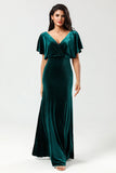 Velvet V-Neck Peacock Bridesmaid Dress with Ruffles