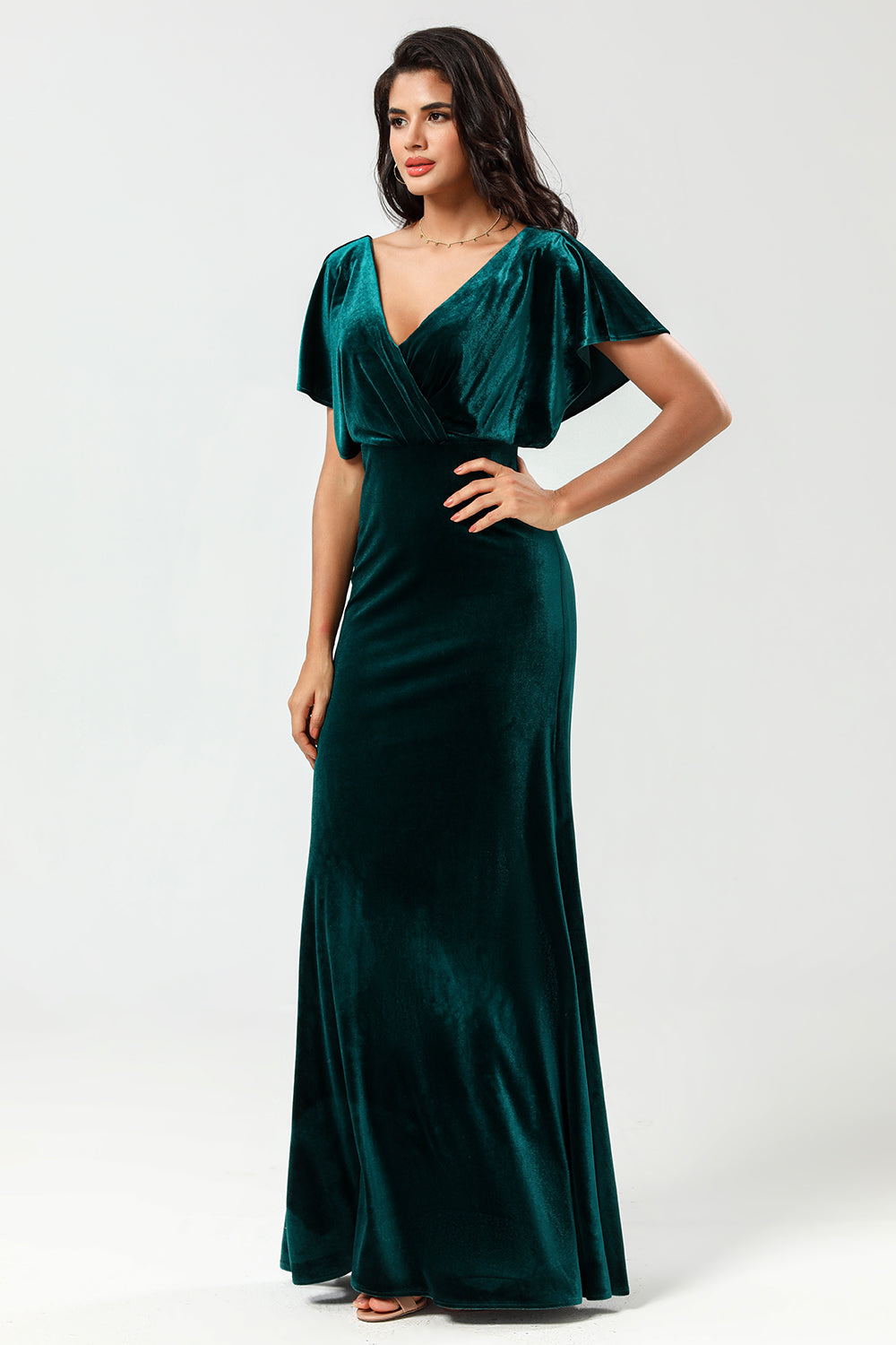 Velvet V-Neck Peacock Bridesmaid Dress with Ruffles