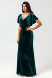 Velvet V-Neck Peacock Bridesmaid Dress with Ruffles