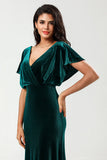 Velvet V-Neck Peacock Bridesmaid Dress with Ruffles