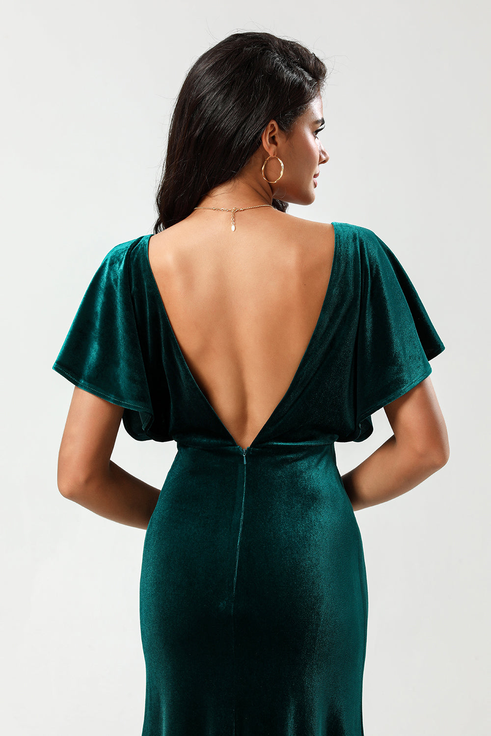 Velvet V-Neck Peacock Bridesmaid Dress with Ruffles