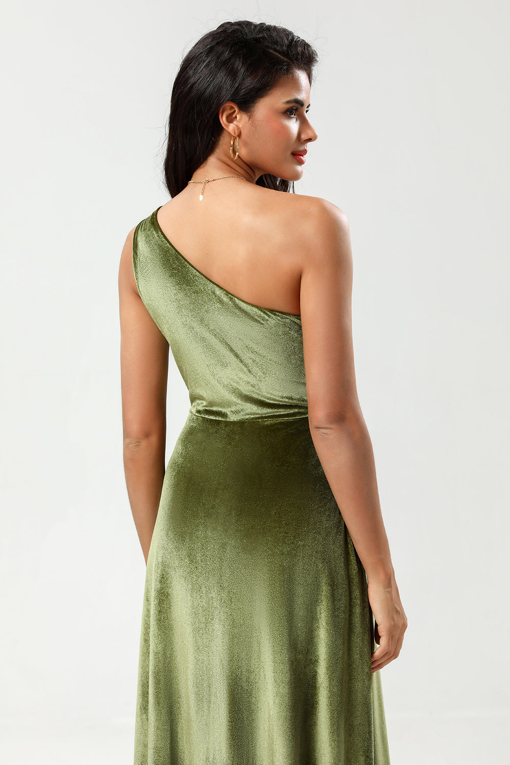 A Line One Shoulder Floor-Length Velvet Bridesmaid Dress with Slit