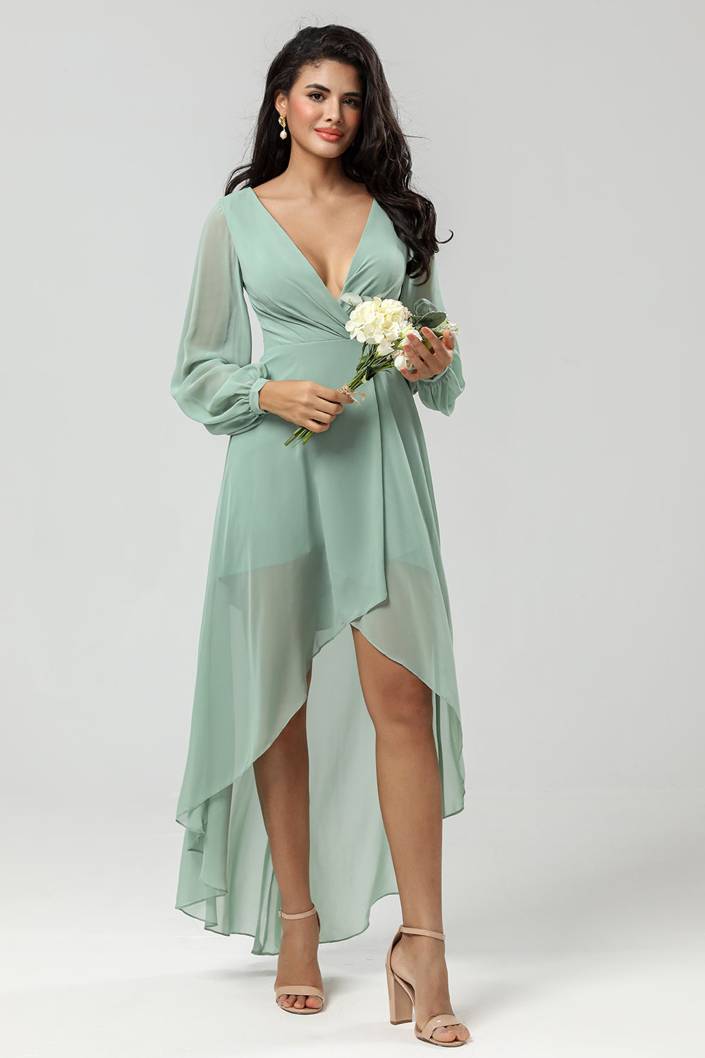 A Line V Neck Chiffon Matcha Bridesmaid Dress with Long Sleeves