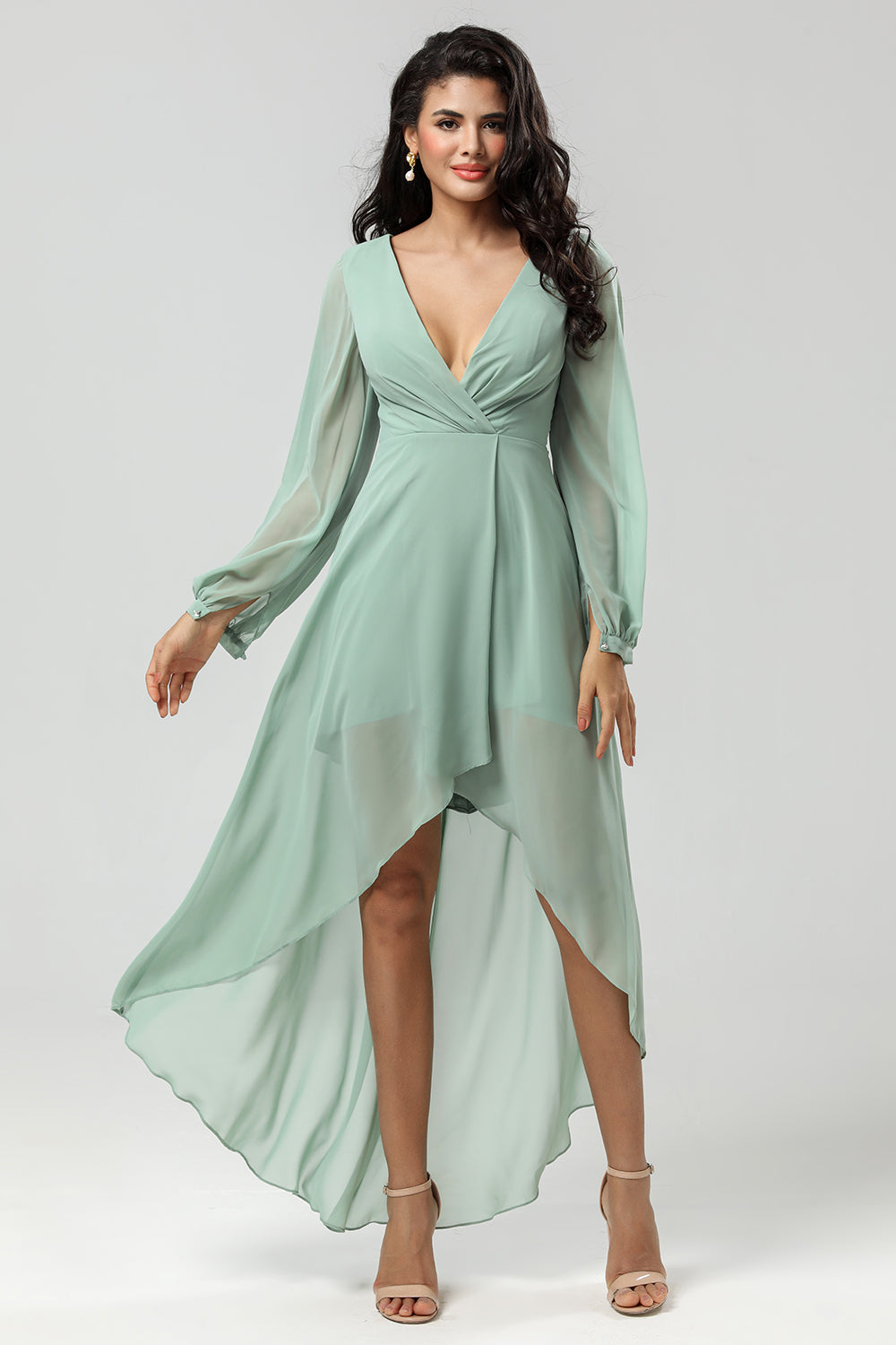 A Line V Neck Chiffon Matcha Bridesmaid Dress with Long Sleeves