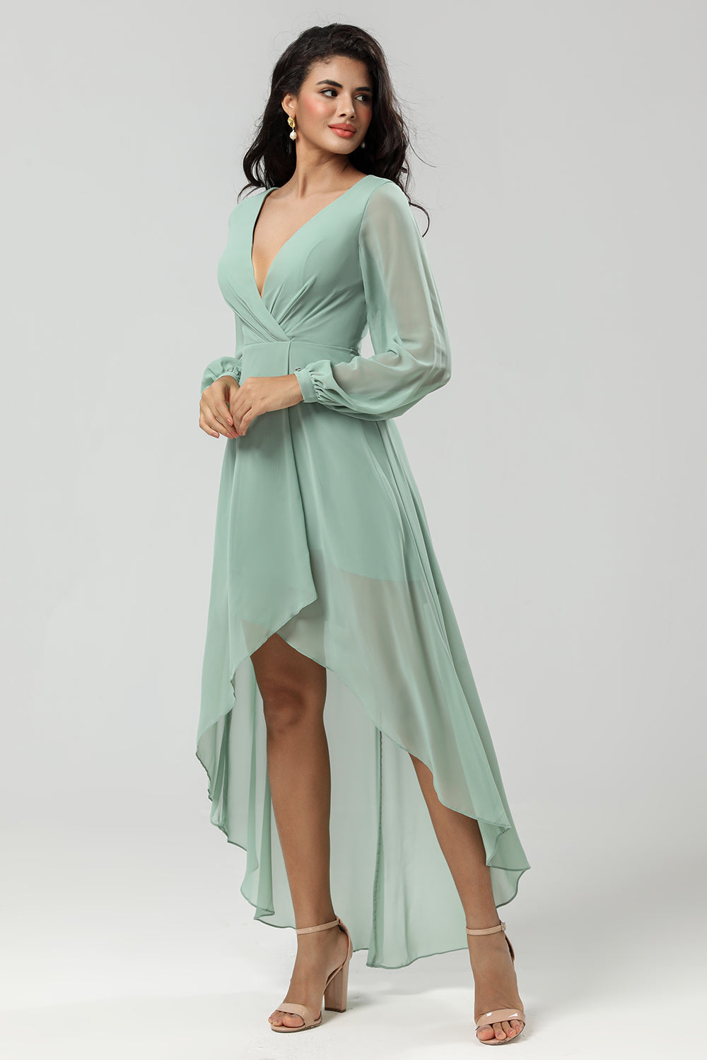 A Line V Neck Chiffon Matcha Bridesmaid Dress with Long Sleeves