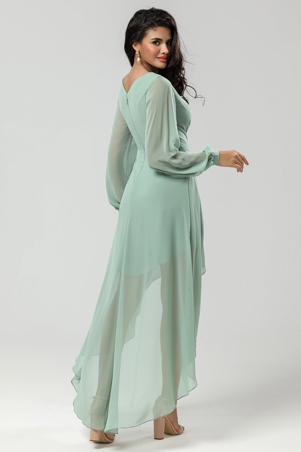A Line V Neck Chiffon Matcha Bridesmaid Dress with Long Sleeves