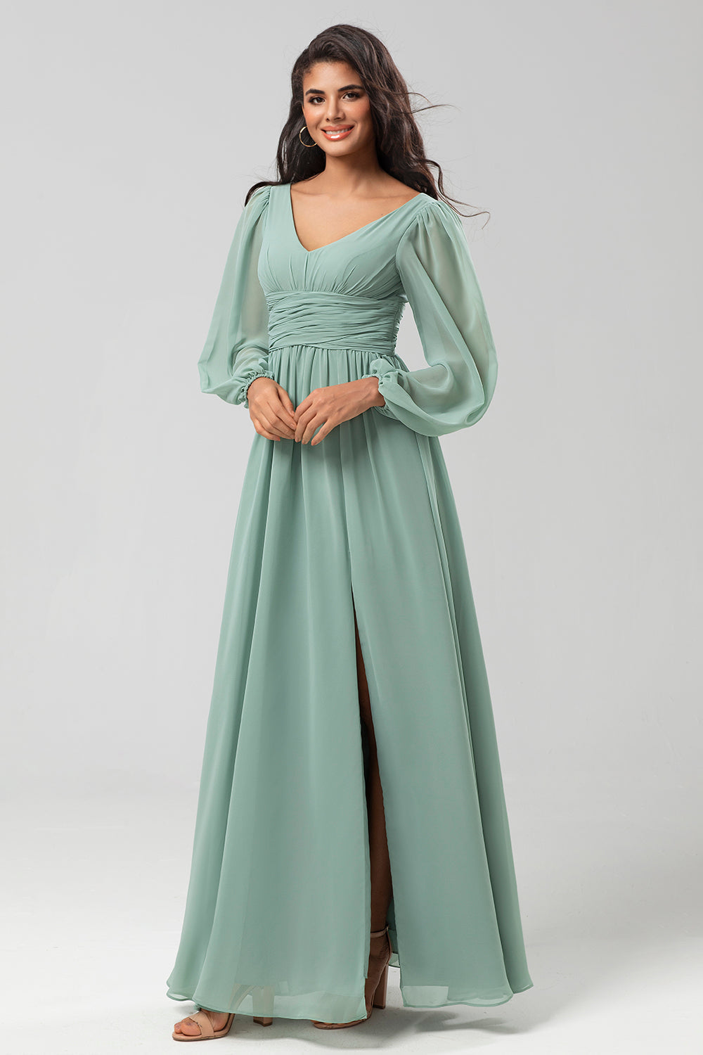 Matcha A Line Ruched Chiffon Floor-Length Bridesmaid Dress with Slit
