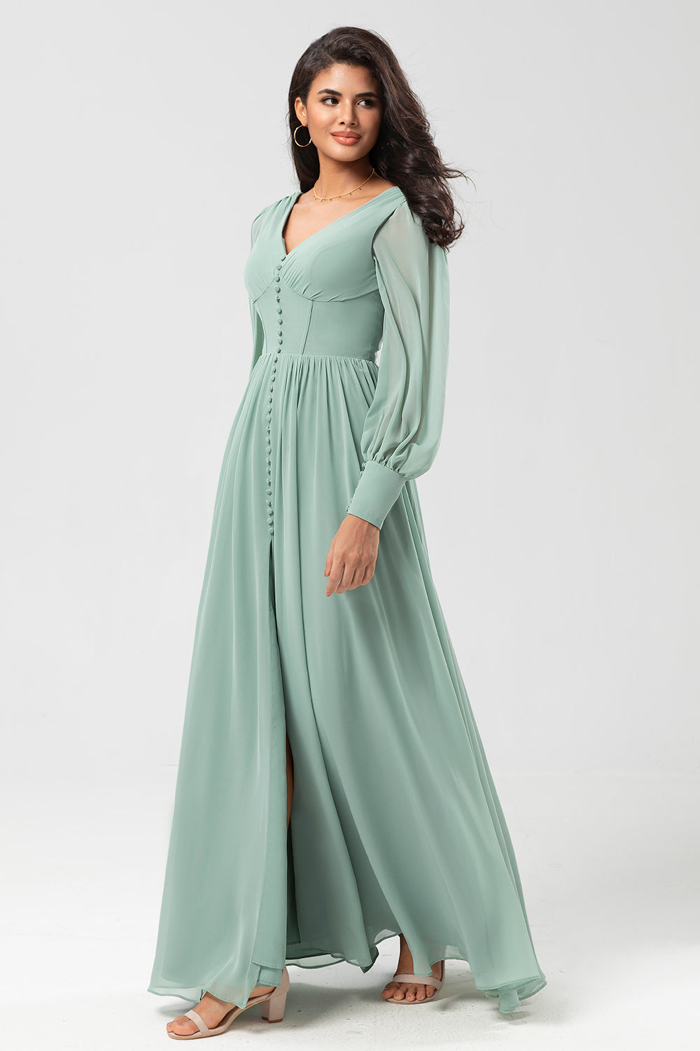 Matcha A Line Chiffon Ruffles Long Bridesmaid Dress with Slit