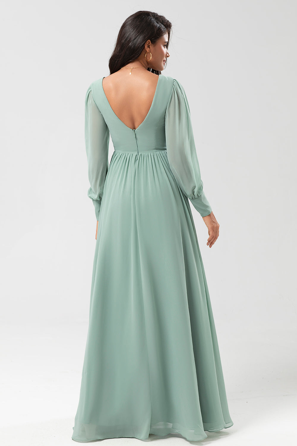 Matcha A Line Chiffon Ruffles Long Bridesmaid Dress with Slit
