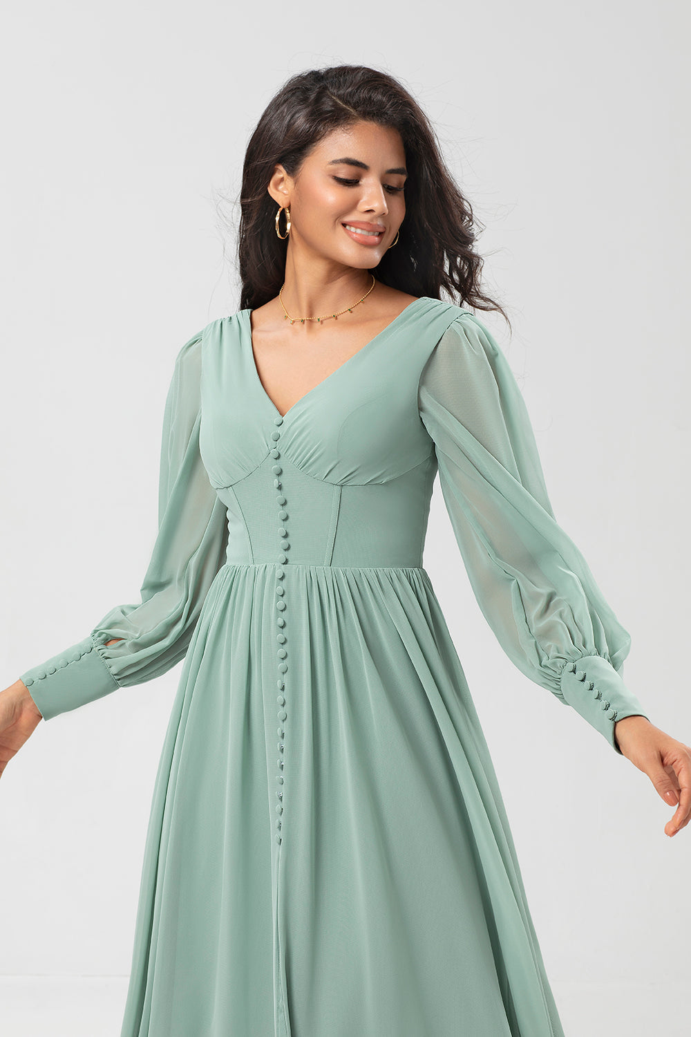 Matcha A Line Chiffon Ruffles Long Bridesmaid Dress with Slit