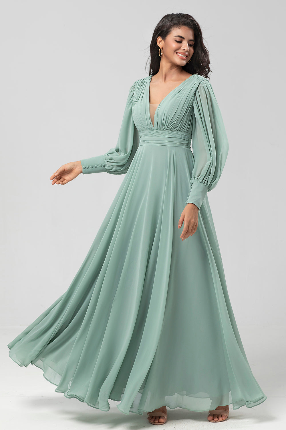 Matcha A Line Detachable Chiffon Bridesmaid Dress with Long Sleeves