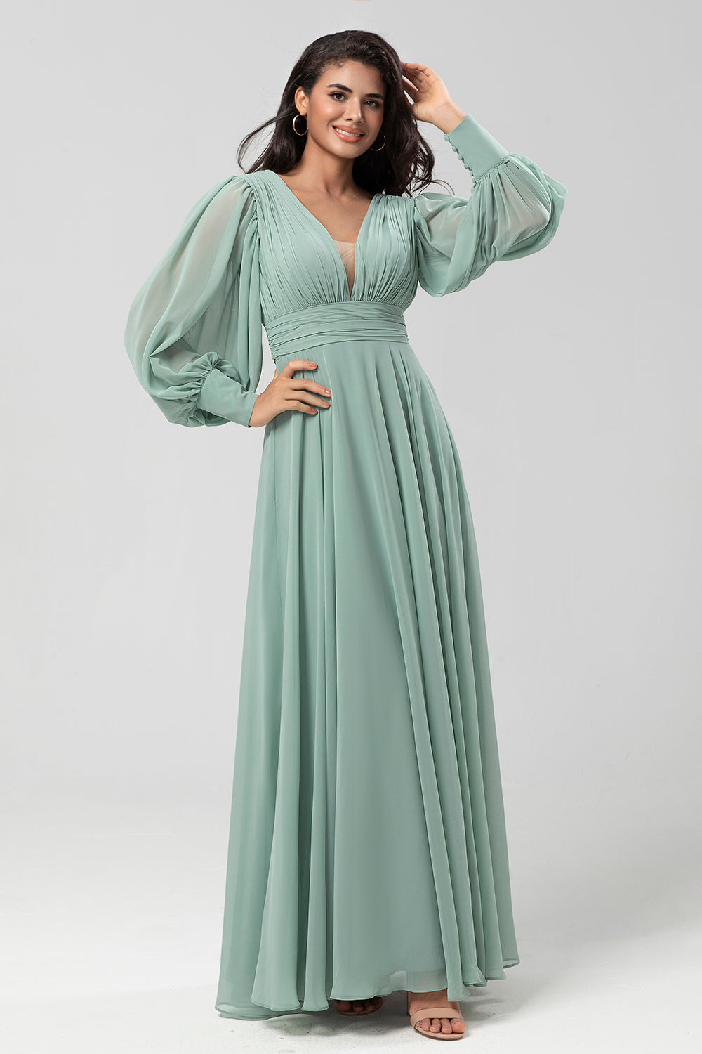 Matcha A Line Detachable Chiffon Bridesmaid Dress with Long Sleeves