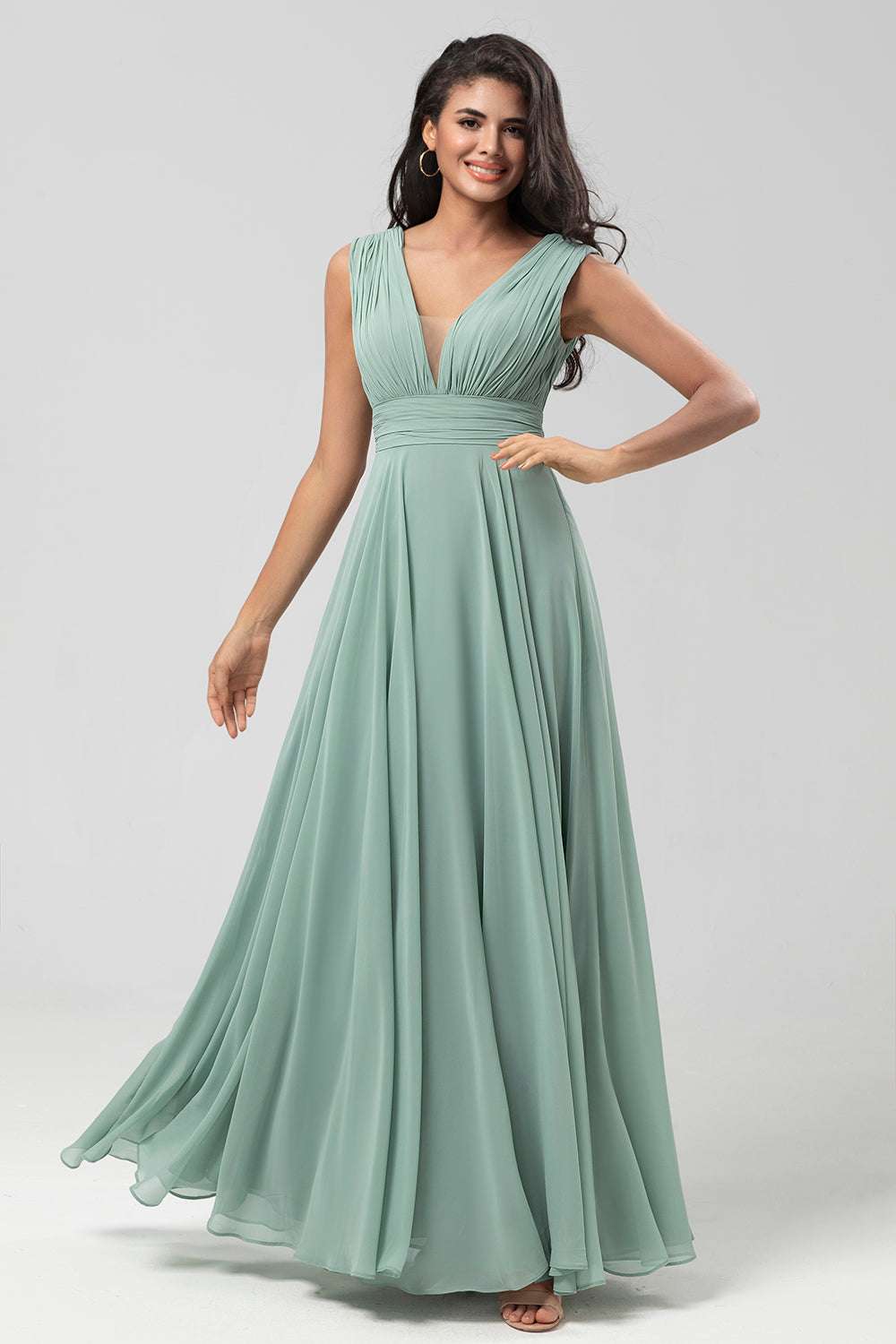Matcha A Line Detachable Chiffon Bridesmaid Dress with Long Sleeves